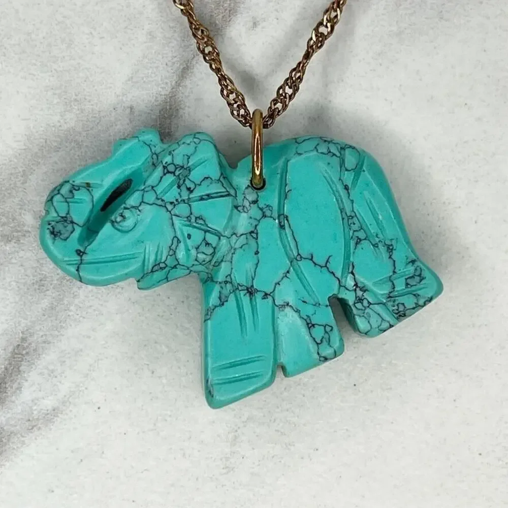 Gold Tone Faux Turquoise Trunk Up Good Luck Elephant Pendant Necklace